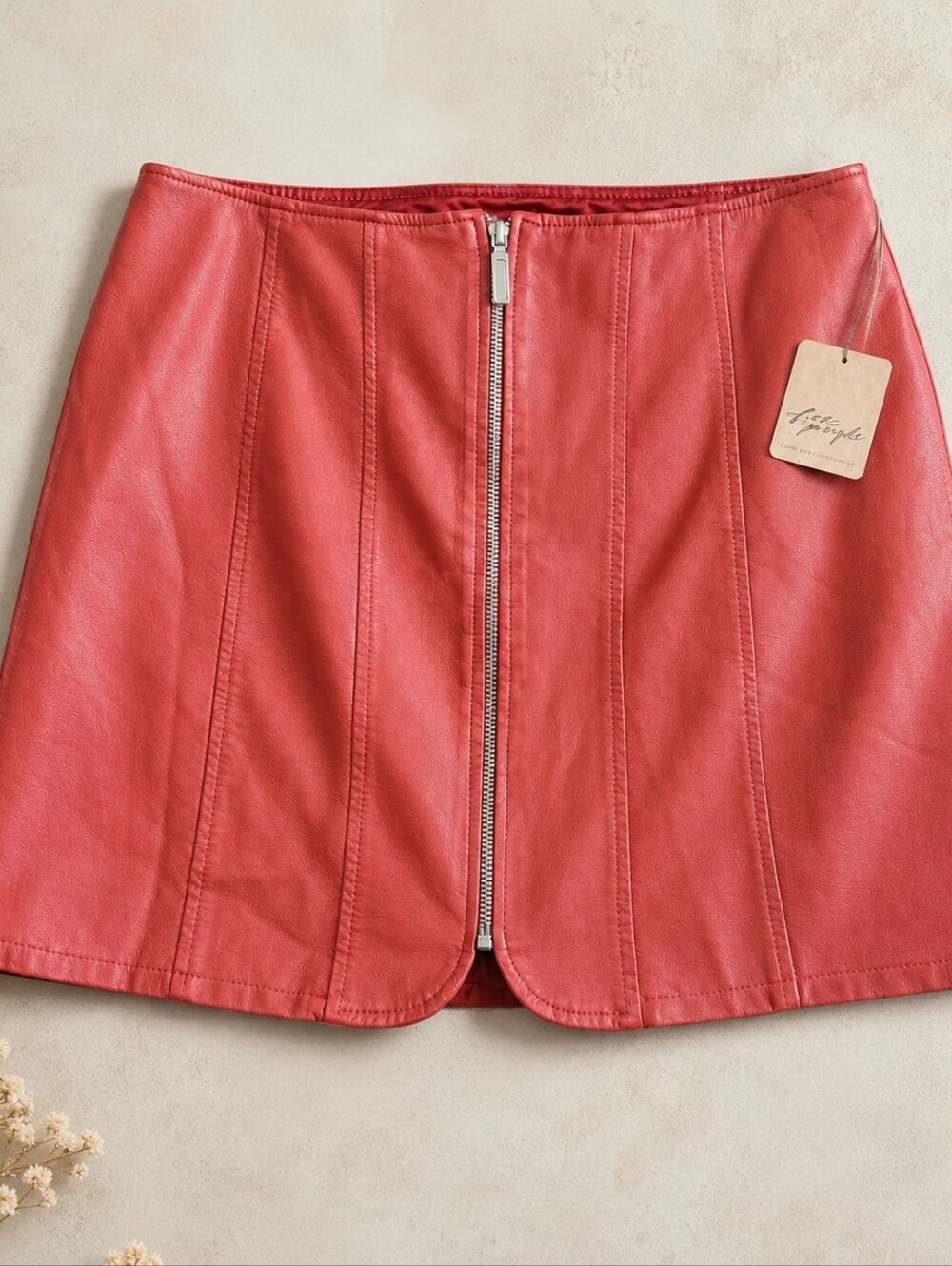NWT Free People Coral Red Faux Leather Zip-Front Mini Skirt